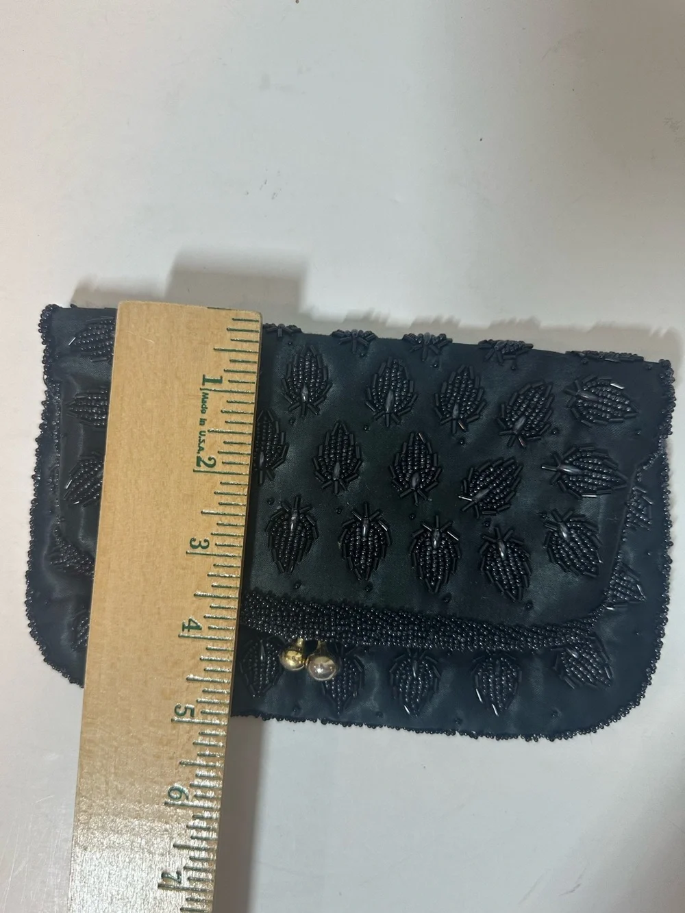 VINTAGE Black Satin Beaded Fold Over Clutch Bag with Brass Kiss Lock Closure